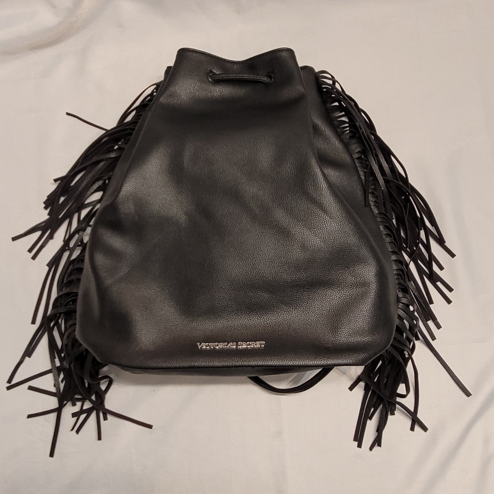 Victoria’s Secret Black Fringe Drawstring Backpack Boho Bucket Bag